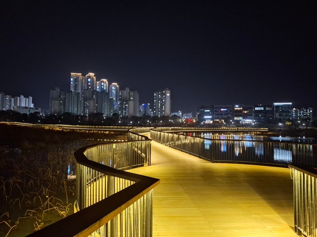 Illuminated bridge over the lake in Korea during a night walk to spot Wild Otters